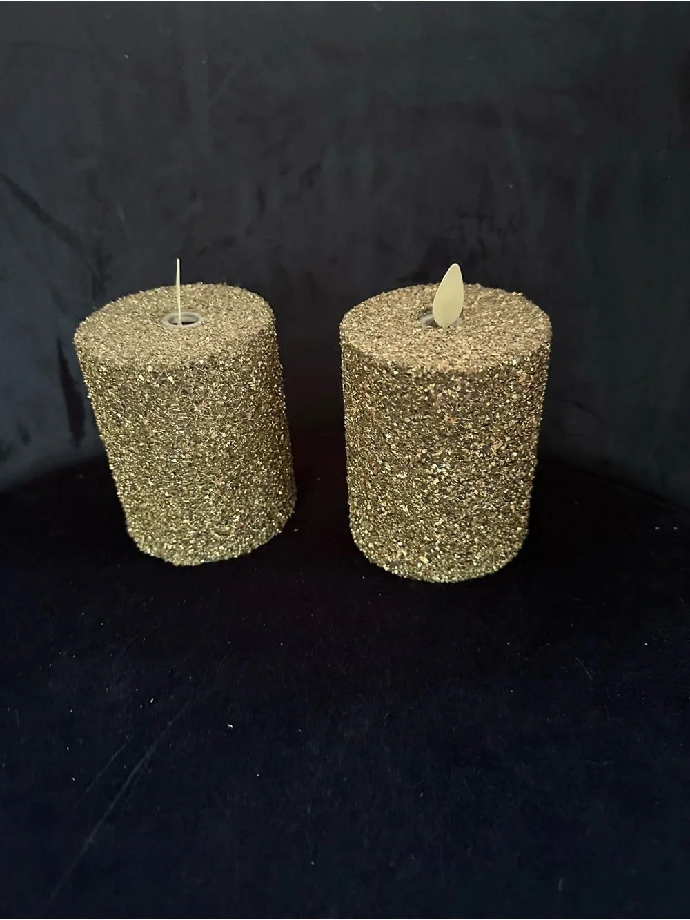 Pottery Barn Set of 2 Silver Small Glitter Pillar Flameless Flicker Candles